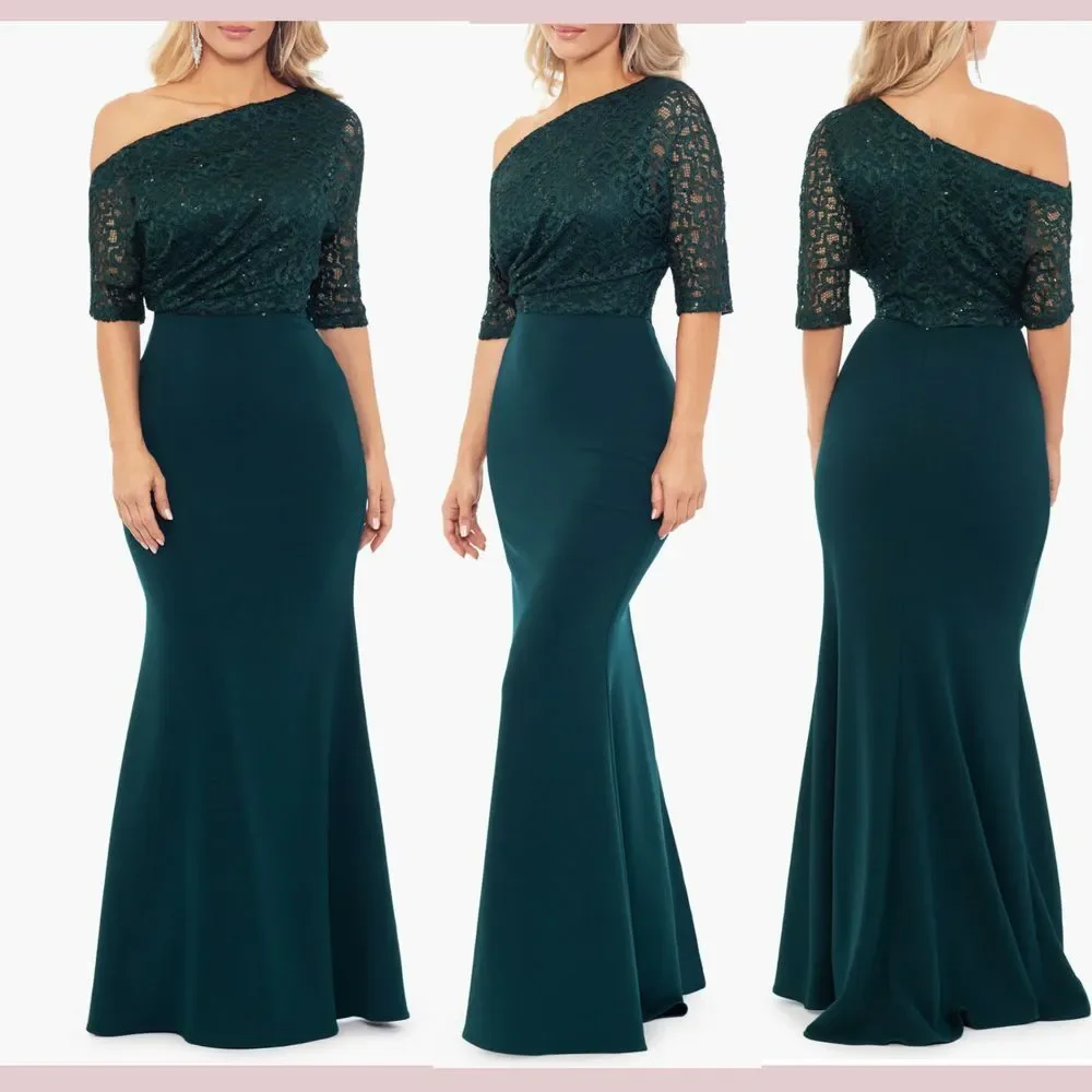 NWT $269 Betsy & Adam [ 8 ] One-Shoulder Sequin Lace Mixed Media Gown Pine Green